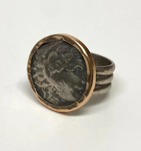 Alexander der Große Münzring 14 Karat Gold und Sterlingsilber, Größe 7 - Bild 1 von 7