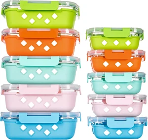 10 Pack Glass Meal Prep Containers with Removable Silicone Sleeves,Food Storage - Picture 1 of 12