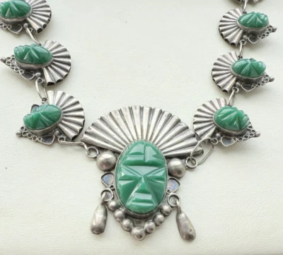 PAT.EN.TRAM. COLAR MEXICANO DE MÁSCARA DE MALAQUITA ESCULPIDA EM PRATA ESTERLINA 925 18,5" - Imagem 1 de 4