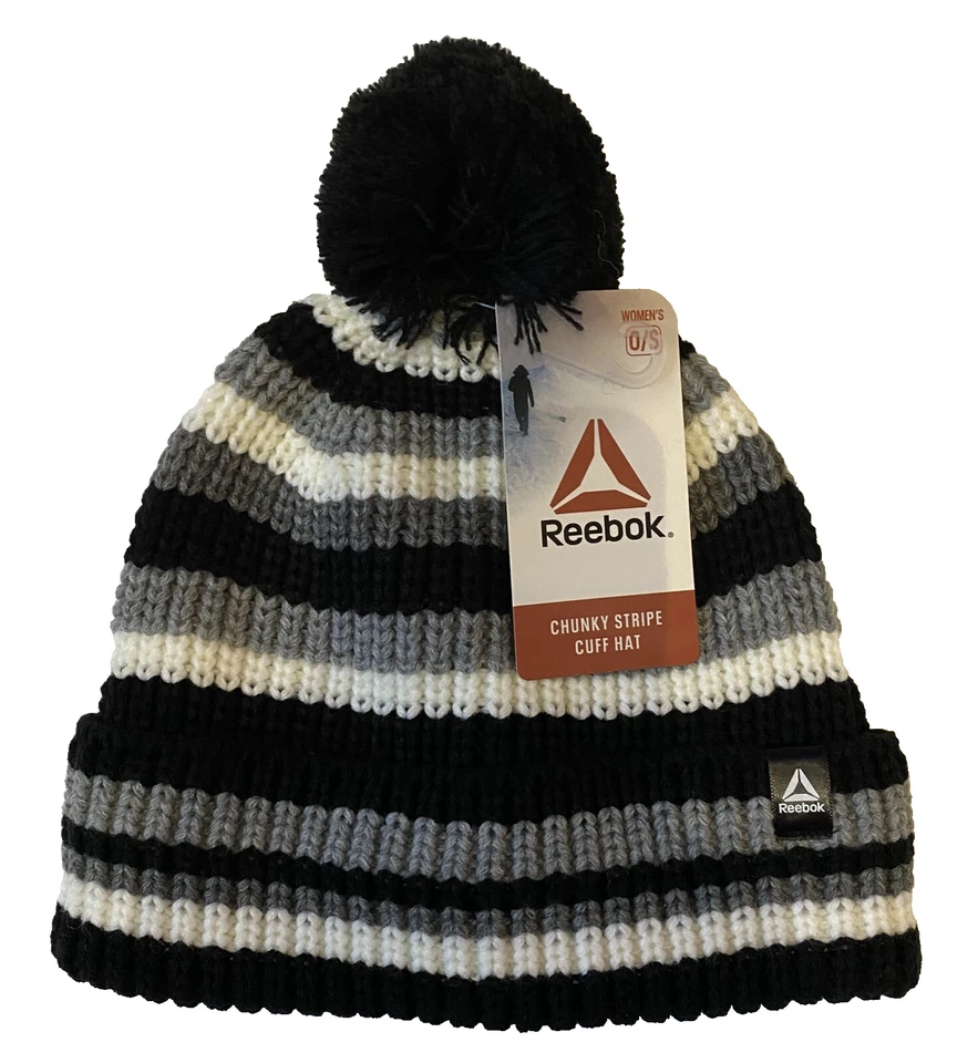 Gorro con puño para mujer REEBOK negro gris blanco a rayas talla única Foto 1 de 1