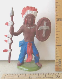 TOY INDIAN WEARING HEADRESS / HOLDING SPEAR & SHIELD~ HONG KONG BRITIANS LTD - Picture 1 of 6
