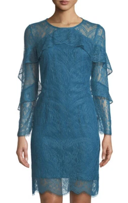 NWT Womens Nanette Lepore L/S Poetic Love Teal Ruffle Trim Lace Shift Dress Sz 8 - Image 1 of 4