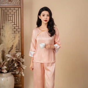 Elegant Chinese-Inspired Satin Rose Pink Floral Printing Pyjama Set for Women - Picture 1 of 2