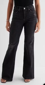 Express Ladies Mid Rise Washed Black Ripped '70s Flare Jeans NWT SIZE 2R - Picture 1 of 5