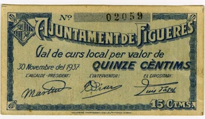 # SPAIN CIVIL WAR 1937 • FIGUERES 15 CTS MUNICIPAL ☆ GUERRA CIVIL ESPAÑOLA☆D1516 - Picture 1 of 2