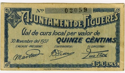 # SPAIN CIVIL WAR 1937 • FIGUERES 15 CTS MUNICIPAL ☆ GUERRA CIVIL ESPAÑOLA☆D1516 - Image 1 of 2
