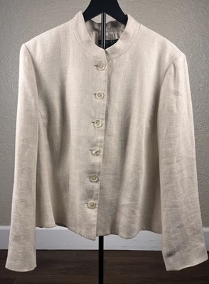 Ralph Lauren Jacket Women 16 Ivory 100% Linen Mandarin Collar Herringbone Lined - Image 1 of 4