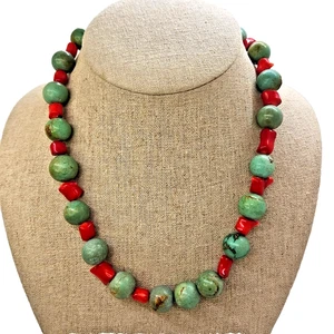Vintage Sterling Silver Red Coral & Turquoise Handcrafted Choker Necklace, 18” - Picture 1 of 5