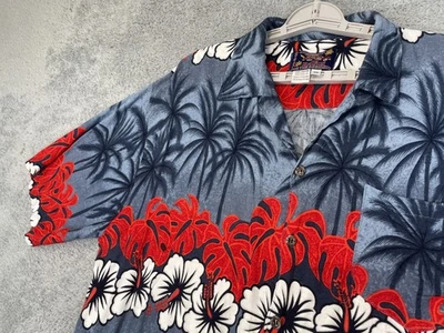 Camisa Hawaiana Basix Para Hombres XL Azul Rojo Blanco Floral Palmera Rayón Aloha Camp Foto 1 de 4