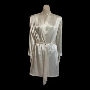 Jones New York Luxury Satin Robe Sz 10-12 Gown Fixed Tie Guipure Lace Trim Cream - Picture 1 of 13