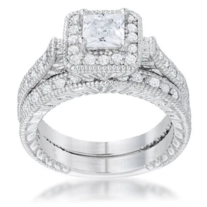 Art Deco Princess Cut Bridal Set Micro-Pave CZ Stones Size 8 - Picture 1 of 12