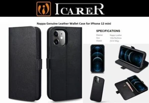 IPhone 12 mini Genuine leather wallet with detachable magnetic case by Icarer - Picture 1 of 9