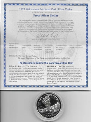 1999-P  Yellowstone National Park Proof Silver Dollar, Box and COA - Image 1 of 2