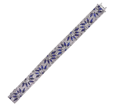 实验室创建的玫瑰切割钻石和口径缓冲上衣蓝宝石装饰艺术手链 — 第 1/4 张图片