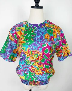 Vintage 90s Colorful Party Blouse S Abstract Floral Geometric Print Jewel Tone - Picture 1 of 12