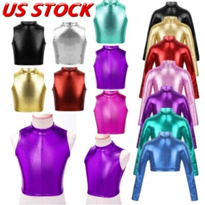 Kid Girls Jazz Latin Dancewear Long Sleeve Metallic Crop Top Gymnastic Dance - Picture 1 of 84