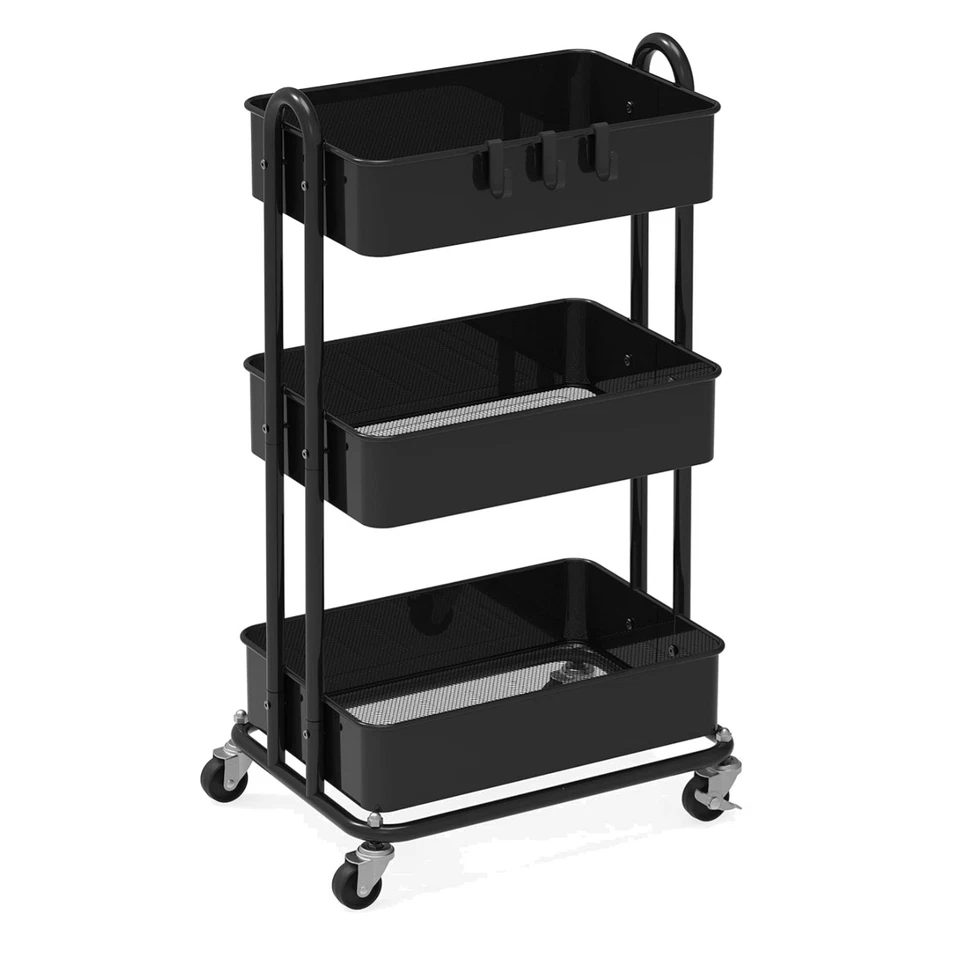 SimpleHouseware Heavy Duty 3-tier Metal Utility Rolling Cart Black