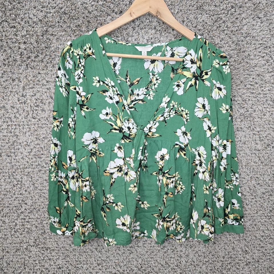 Lucky Brand Топ женщин средний зеленый цветочный печать V шеи блузка повседневные женщины - Изображение 1 из 4