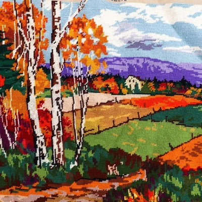 Vtg Finished Cewec Needlepoint Canvas Denmark Fall Leaves Landscape Trees 20x16 - Image 1 of 4