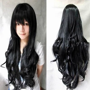 Black Long Curly Hair Wigs 80cm Women Side Bangs Full Hair Wigs Cosplay Fashion - Picture 1 of 1