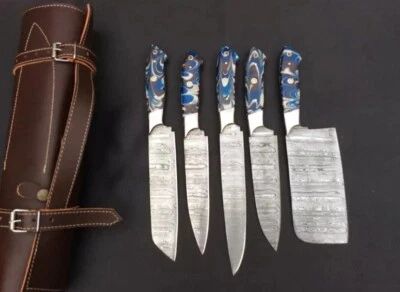 Conjunto de 5 facas Chef de aço Damasco feitas à mão personalizadas com cabo de resina mista azul - Imagem 1 de 4