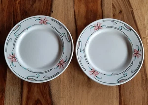 Vintage Buffalo China Orchid Pink Teal Art Deco Swirl 7.5" Salad Dessert Plates - Picture 1 of 16