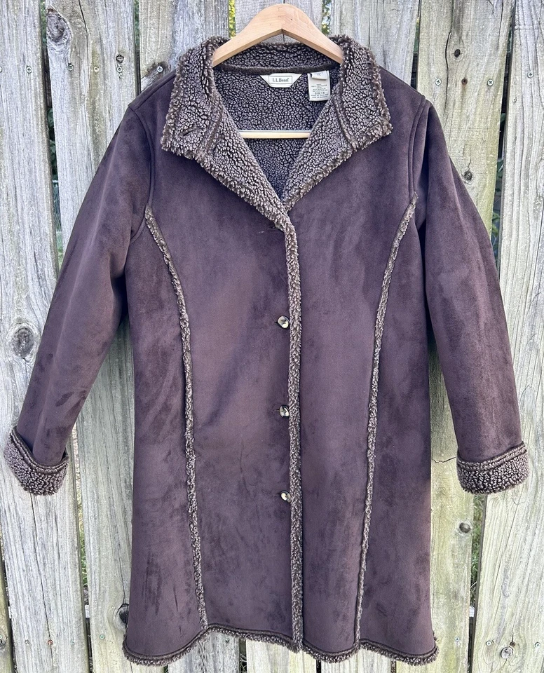 LL Bean Coat Womens Medium Vintage Faux Suede Preppy Classic Sherpa Lined Brown - Image 1 of 4