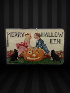 🧡 MERRY HALLOWEEN POSTCARD 🧡 BOY GIRL CHILDREN BLACK CAT JOL PUMPKIN POST CARD - Picture 1 of 9