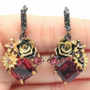PENDIENTES DE PLATA OSCURA Y ORO AMARILLO PIEDRA TURMALINA ROSA NOVEDAD EN MODA - Imagen 1 de 3