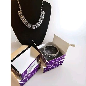 Lia Sophia Signed Matrix Matte Silver Tone w/Cut Crystals Necklace Braclet NIB - Picture 1 of 18