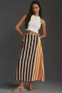 Falda Marimekko Lino Envolvente Rayas Anthropologie Midi Kahlaus Merirosvo Talla M NUEVA - Imagen 1 de 5