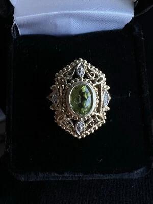 Vintage 10k Gold Peridot & Diamond Statement Ring 5g Ornate Filigree Design 8.5 - Image 1 of 4