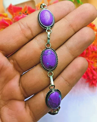 Brazalete Preocupación Chapado en Plata de Ley 925 Turquesa Púrpura 8" Joyería Foto 1 de 2