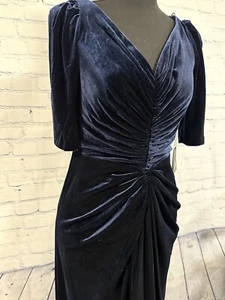 NWT ADRIANNA PAPELL SHIRRED VELVET GOWN WITH ELBOW-LENGTH SLEEVES, NAVY, SIZE 4 - Picture 1 of 14