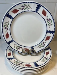 6-Lancaster English Ironstone Adams China 10" Dinner Plate Red Flowers Blue Line - Picture 1 of 18