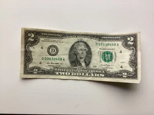 2013 2 dollar bill with number D03030408A used - Picture 1 of 2