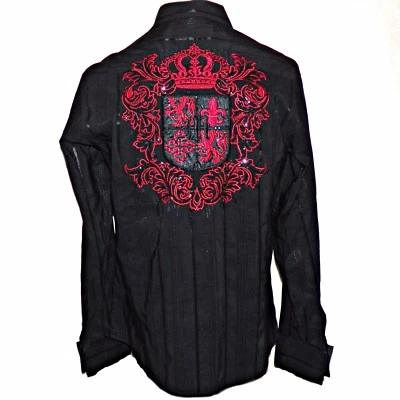 Mondo Black Pinstripe Heraldic Crest Shield Applique Embroidered Western Shirt L - Image 1 of 4