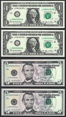 🇺🇸 (4) 2006 $1/$5 MATCHED LOW SERIAL NUMBER ♚♚00000359/00000360♚♚ GEM UNC - Image 1 of 4