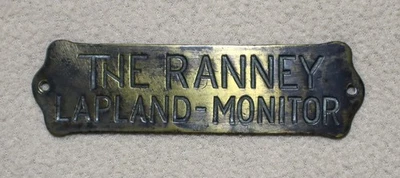 AUTÉNTICO ANTIGUO "THE RANNEY LAPLAND-MONITOR" CAJA DE HIELO PLACA DE IDENTIFICACIÓN LETRERO DE ETIQUETA DE LATÓN Foto 1 de 3