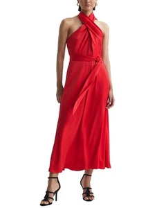 REISS Vida Satin Halter Neck Fitted Midi Dress in Red Size UK10/US6 - Picture 1 of 5
