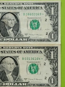 (2) 2017-A STAR NOTE FANCY SERIAL # $1 DOLLAR BILL REGULAR RUN NEW YORK NEW YORK - Picture 1 of 3