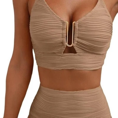 Women's Mocha Brown Shirred Texture U Cut Out High Waist Bikini Set Size L NWOT - Image 1 of 4