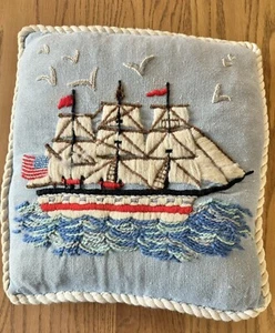 Hand Embroidered Blue Throw Pillow Ship 12” X 13” Blue White Nautical Theme - Picture 1 of 7