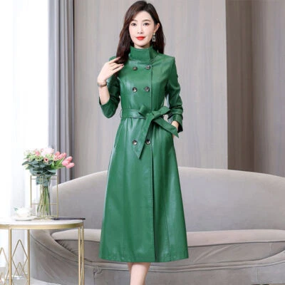 Abrigo de cuero largo para mujer cortavientos otoño cuero chaqueta exterior cubierta abrigo de cuero Foto 1 de 4