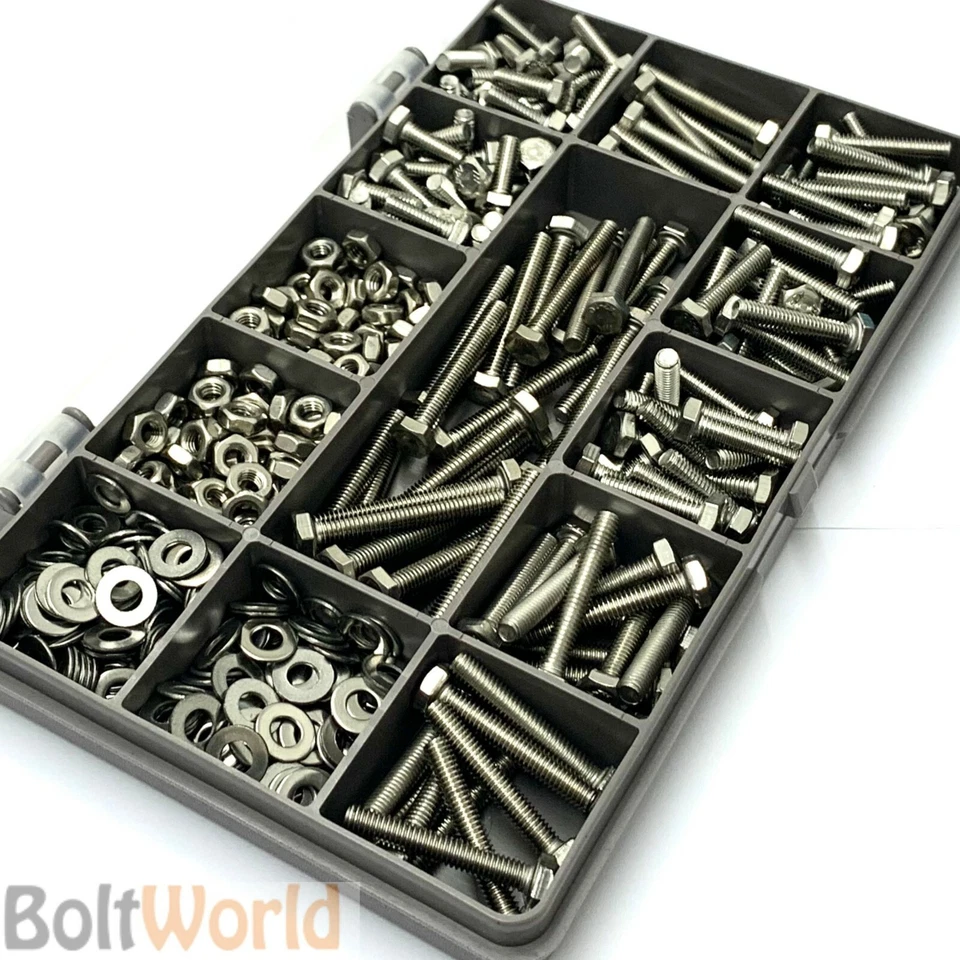 BOLT WORLD 475 ASSORTED PIECE A2 M3 FULLY THREADED BOLTS NUTS WASHERS SCREWS STAINLESS KIT