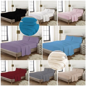 4 Piece Flannelette Cotton Sheet Set Fitted Sheet + Flat Sheet + 2x Pillow cases - Picture 1 of 33