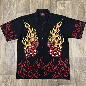 Vintage Dragonfly Shirt Mens large Black Red Dice Flames Bowling Rave Y2K AOP - Picture 1 of 10