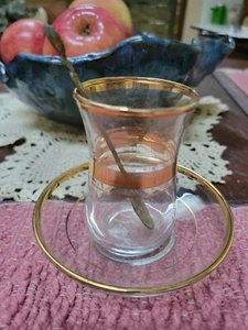 Pasabahce Turkish Tea Glass Set Gold Trim Turkey Cup Saucer Spoon Signed - Picture 1 of 4