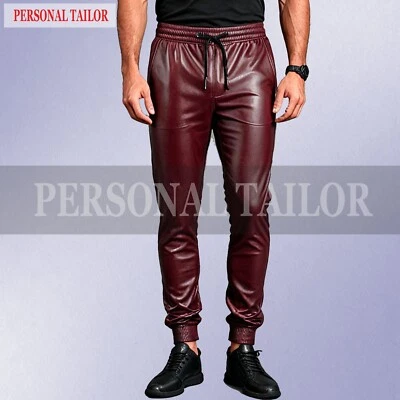 Calça de moletom masculina pele de cordeiro couro borgonha atletismo bolso - Imagem 1 de 3