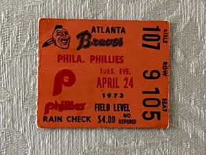 Atlanta Braves Ticket Stub VS Phillies 1973 Hank Aaron Ralph Garr Dusty Baker - Bild 1 von 2